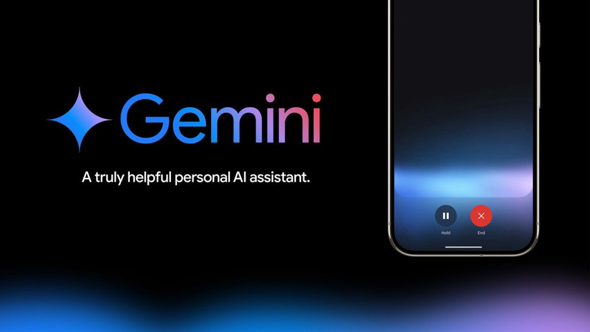 تصویر تبلیغاتی از دستیار هوش مصنوعی Google Gemini با لوگوی Gemini و شعار A truly helpful personal AI assistant روی پس‌زمینه تیره. در سمت راست، نمایی از رابط کاربری موبایل Gemini با افکت نوری آبی–بنفش دیده می‌شود که به تعامل صوتی و قابلیت‌های دستیار هوش مصنوعی گوگل اشاره دارد.