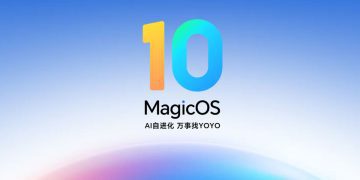 تصویر معرفی MagicOS 10 با طراحی مینیمال، عدد 10 رنگی در بالای نام MagicOS و شعار چینی مرتبط با پیشرفت هوش مصنوعی، روی پس‌زمینه روشن با گرادیان ملایم آبی و بنفش.