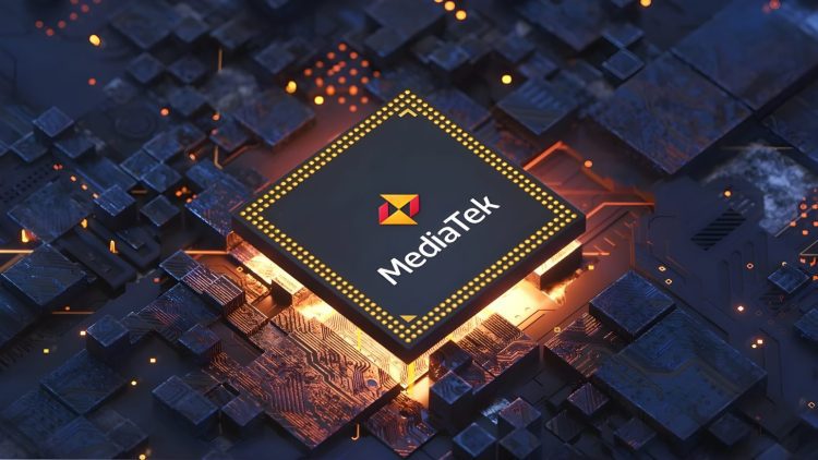 رندر سهبعدی از تراشه MediaTek در مرکز یک برد مدار الکترونیکی تیره؛ لوگوی MediaTek روی چیپ دیده میشود و نور نارنجی از زیر تراشه، مسیرهای الکترونیکی اطراف را روشن کرده و قدرت پردازشی و کاربردهای موبایل و هوش مصنوعی را القا میکند