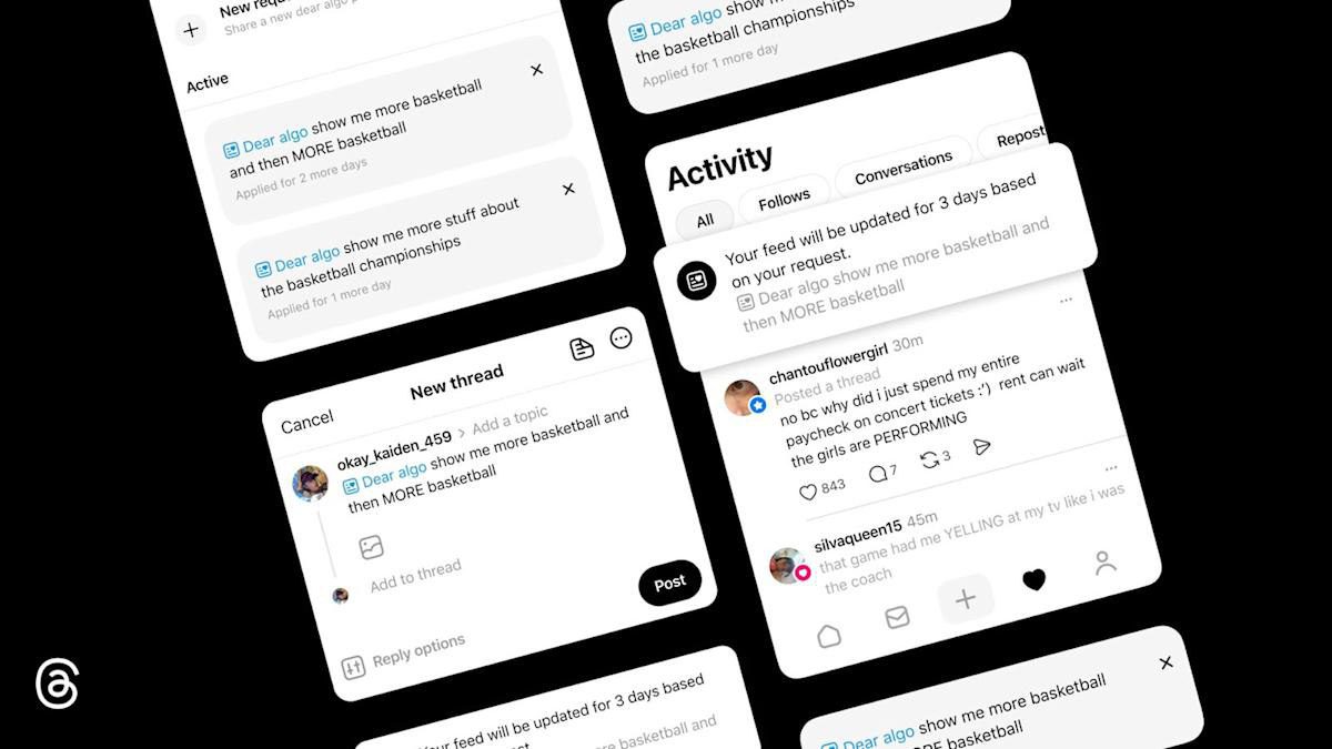 اسکرین‌شات‌هایی از اپلیکیشن تردز که قابلیت جدید شخصی‌سازی فید با درخواست مستقیم از الگوریتم (مانند "Dear algo show me more basketball") را نشان می‌دهد.