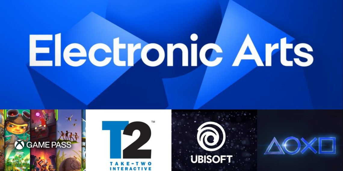 بنر تبلیغاتی با لوگوی بزرگ Electronic Arts در بالا و لوگوهای Xbox Game Pass، Take-Two، Ubisoft و PlayStation در پایین.