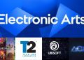 بنر تبلیغاتی با لوگوی بزرگ Electronic Arts در بالا و لوگوهای Xbox Game Pass، Take-Two، Ubisoft و PlayStation در پایین.