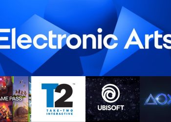 بنر تبلیغاتی با لوگوی بزرگ Electronic Arts در بالا و لوگوهای Xbox Game Pass، Take-Two، Ubisoft و PlayStation در پایین.