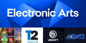 بنر تبلیغاتی با لوگوی بزرگ Electronic Arts در بالا و لوگوهای Xbox Game Pass، Take-Two، Ubisoft و PlayStation در پایین.