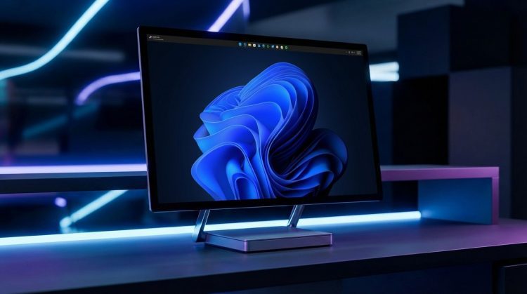 مانیتور BenQ با ویندوز ۱۱ که نوار وظیفه (Taskbar) آن به بالای صفحه منتقل شده است.