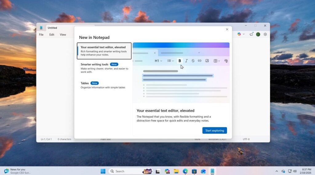 نمای محیط Notepad جدید در ویندوز با نوار ابزار قالببندی، امکان افزودن تصویر، جدول و متن غنی در ویرایشگر