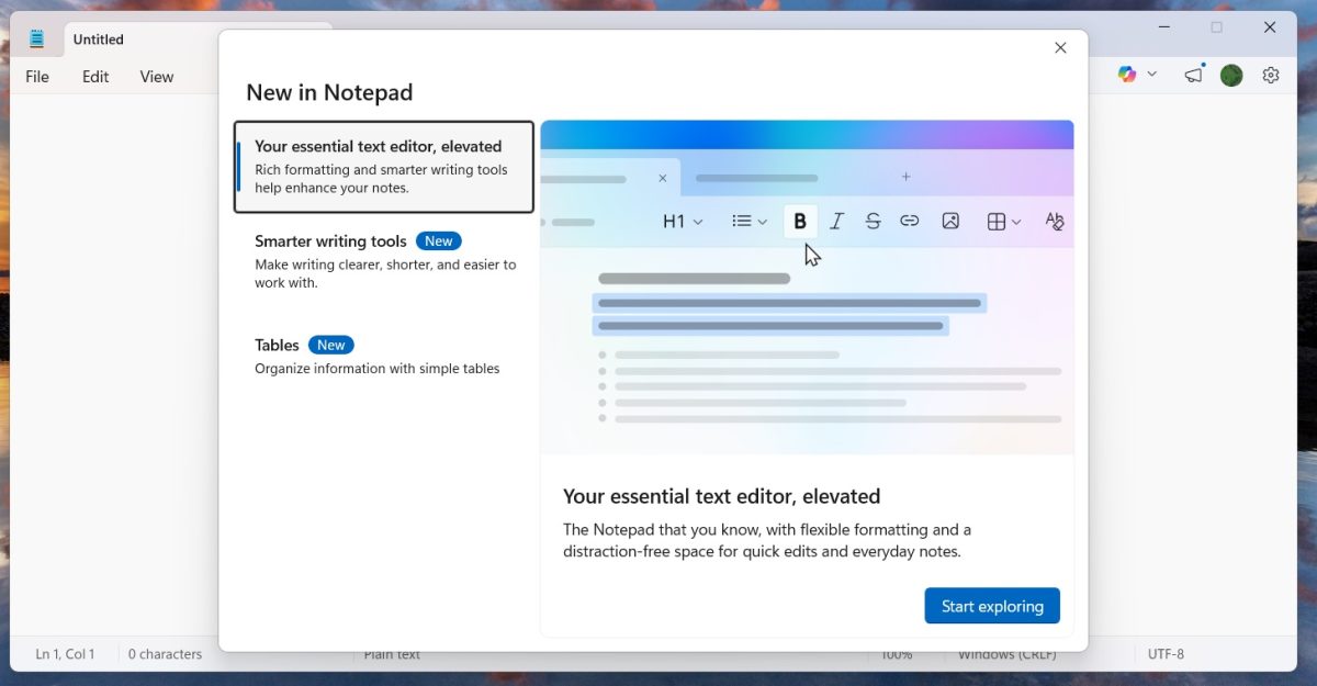پنجره معرفی قابلیت‌های جدید Notepad در ویندوز با پشتیبانی از قالب‌بندی متن، ابزارهای نوشتاری هوشمند و درج تصویر