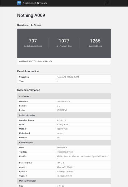 اسکرین‌شات از سایت Geekbench که امتیازهای هوش مصنوعی و مشخصات فنی گوشی Nothing A069 را نشان می‌دهد.