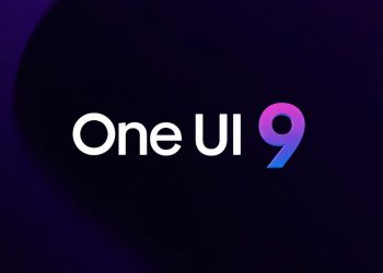 تایپوگرافی سفید رنگ عبارت "One UI 9" با عدد ۹ رنگی در پس‌زمینه تیره و انتزاعی.
