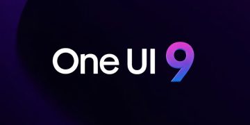 تایپوگرافی سفید رنگ عبارت "One UI 9" با عدد ۹ رنگی در پسزمینه تیره و انتزاعی.