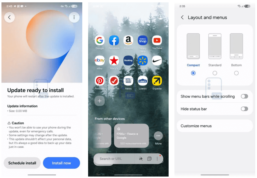 مجموعه سه اسکرین‌شات از محیط گوشی سامسونگ شامل صفحه نصب آپدیت، صفحه اصلی با آیکون اپلیکیشن‌ها و تنظیمات منو.