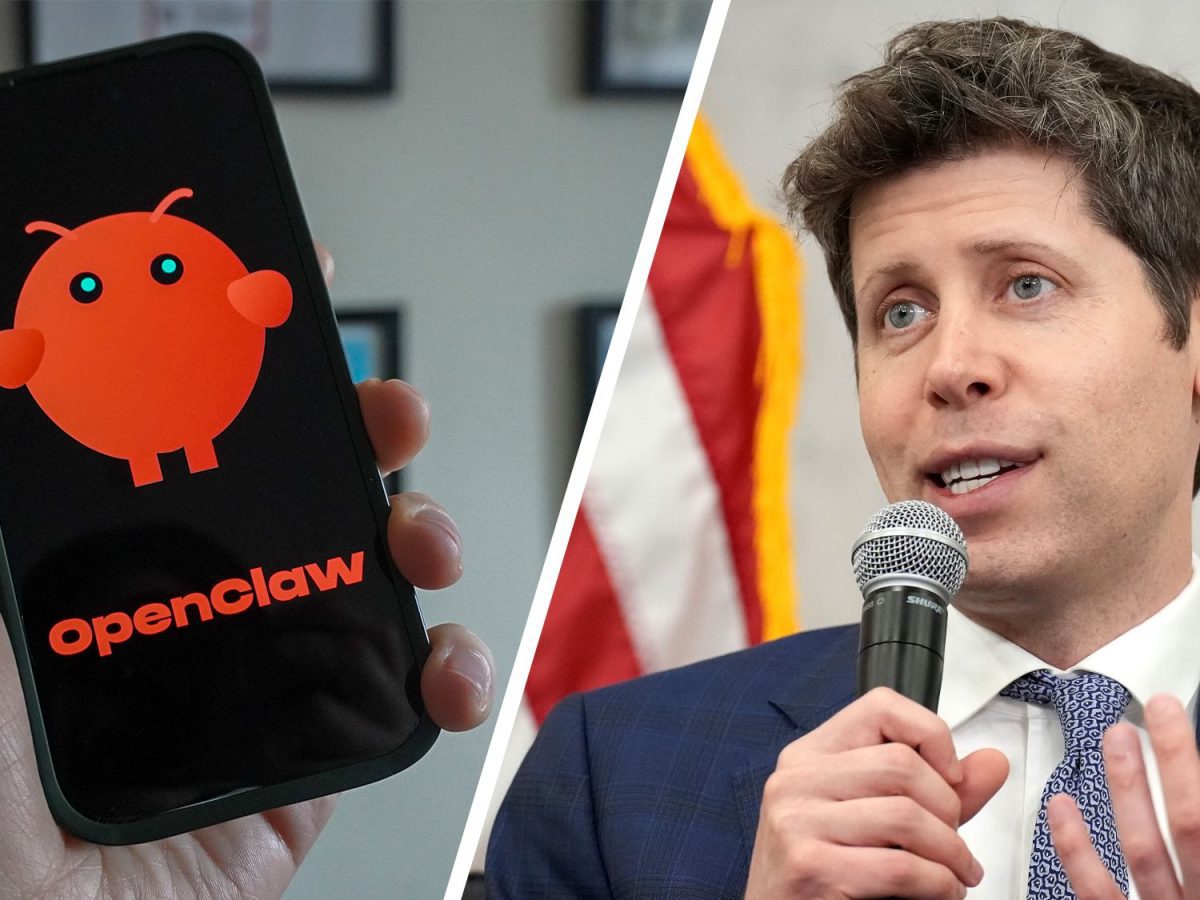 تصویر ترکیبی شامل لوگوی OpenClaw روی گوشی و سام آلتمن (مدیرعامل OpenAI) در حال صحبت پشت میکروفون.