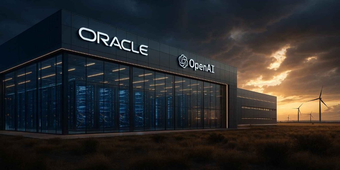 تصویر مفهومی دیتاسنتر مشترک Oracle و OpenAI؛ نمایش همکاری استراتژیک برای تقویت زیرساختهای ابری و پردازش سنگین هوش مصنوعی.