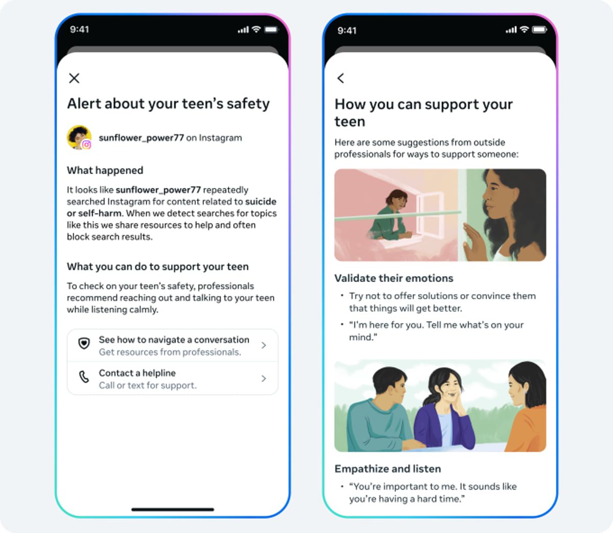 رندر رابط کاربری موبایل شامل هشدار امنیتی جدید اینستاگرام برای والدین درباره جستجوی محتوای آسیبرسان توسط نوجوانان (خودآزاری یا خودکشی)؛ صفحه راست شامل توصیههایی برای حمایت عاطفی از نوجوان و تماس با مراکز تخصصی، همراه با تصویرسازی مشاوره والد و فرزند