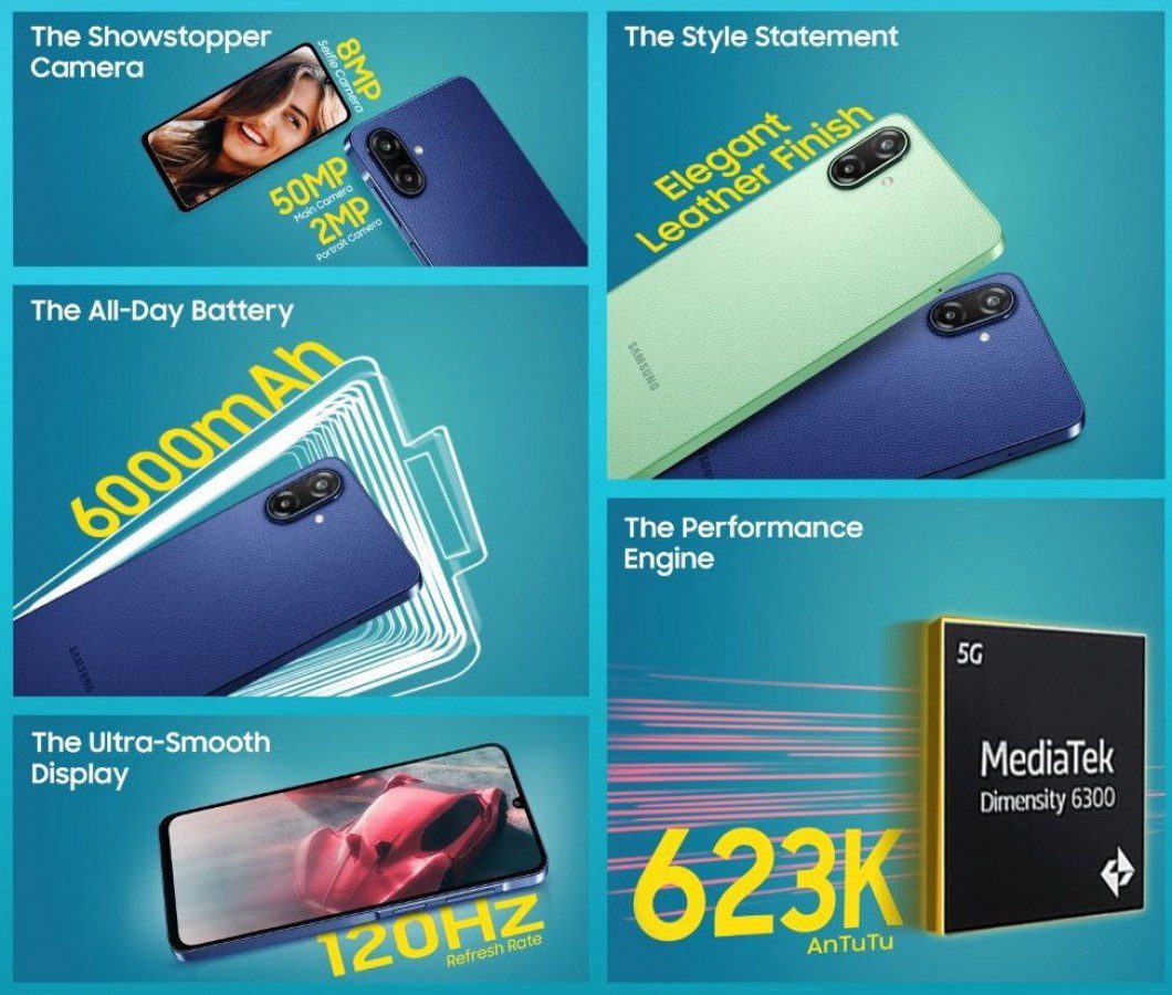 اینفوگرافیک مشخصات فنی Galaxy F70e شامل باتری ۶۰۰۰ میلی‌آمپر و تراشه دایمنسیتی ۶۳۰۰.