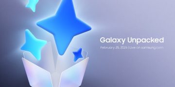 تصویر تبلیغاتی رویداد Galaxy Unpacked با طراحی مینیمال، شامل یک جعبه باز مفهومی که ستاره‌های سه‌بعدی آبی‌رنگ از آن خارج می‌شوند؛ در سمت راست تصویر، متن «Galaxy Unpacked – February 25, 2026 | Live on samsung.com» دیده می‌شود که به مراسم معرفی محصولات جدید سامسونگ اشاره دارد.