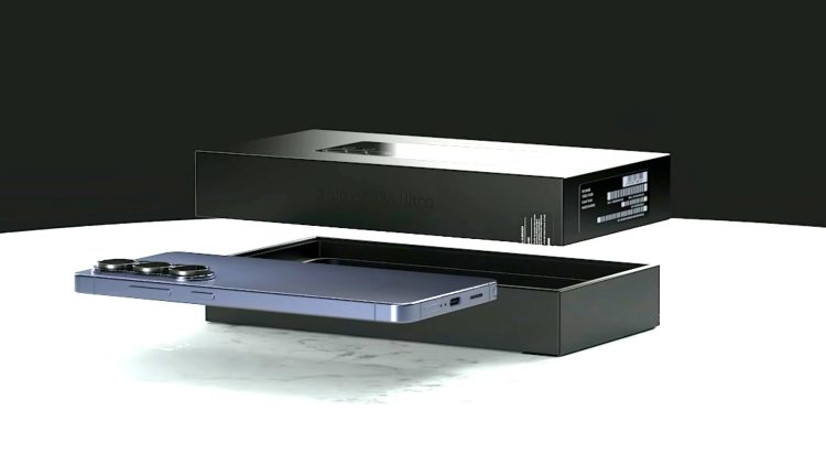 یک گوشی هوشمند باریک به رنگ بنفش یاسی که در کنار جعبه مشکی رنگ خود (با نوشته Galaxy S26 Ultra) قرار دارد.