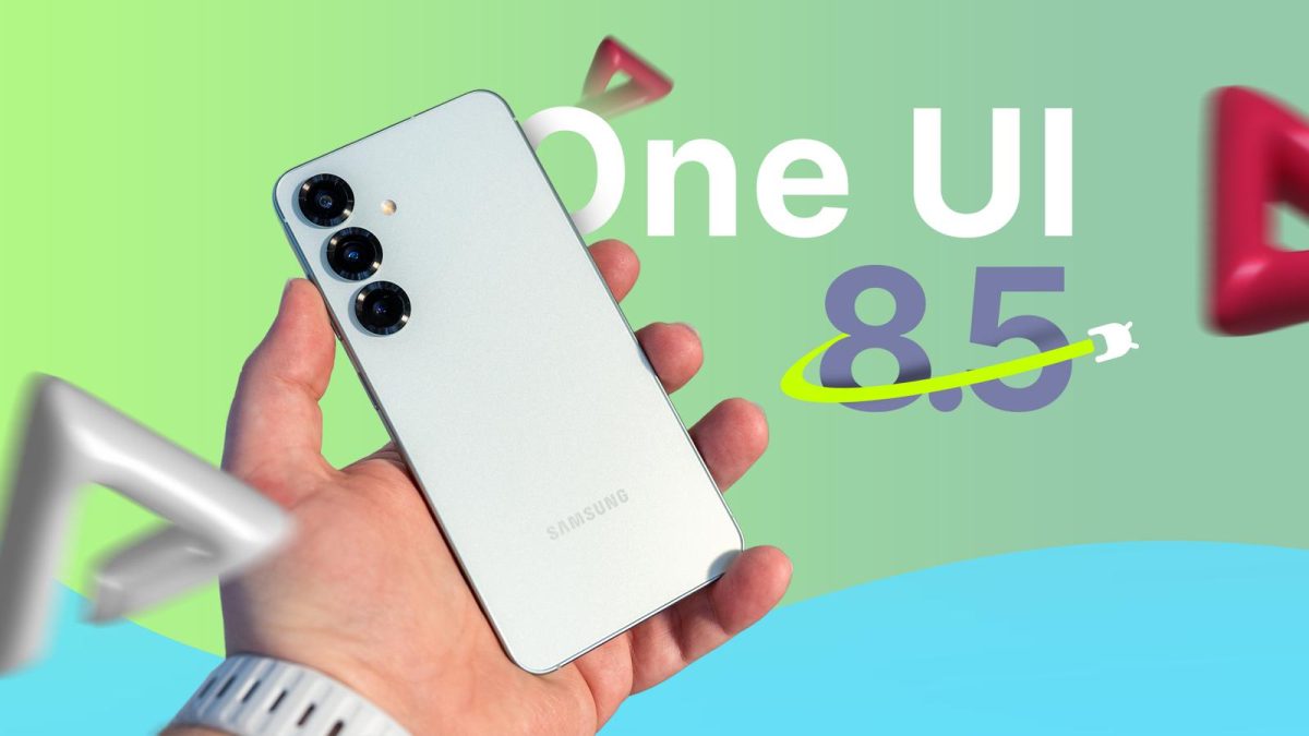 طرح گرافیکی گوشی سامسونگ در دست، با متن بزرگ "One UI 8.5" و پس‌زمینه رنگی.