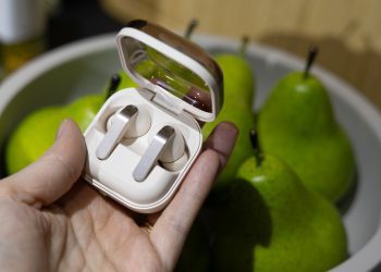 نمای نزدیک از هدفون‌های گلکسی بادز ۴ نقره‌ای داخل کیس شارژ با درپوش شفاف در کنار ظرف گلابی.