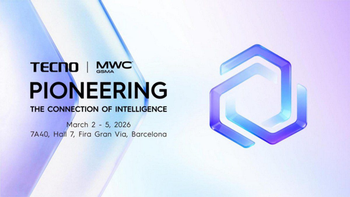 «پوستر تبلیغاتی برند تکنو برای نمایشگاه MWC ۲۰۲۶ بارسلون با شعار "Pioneering the Connection of Intelligence".»