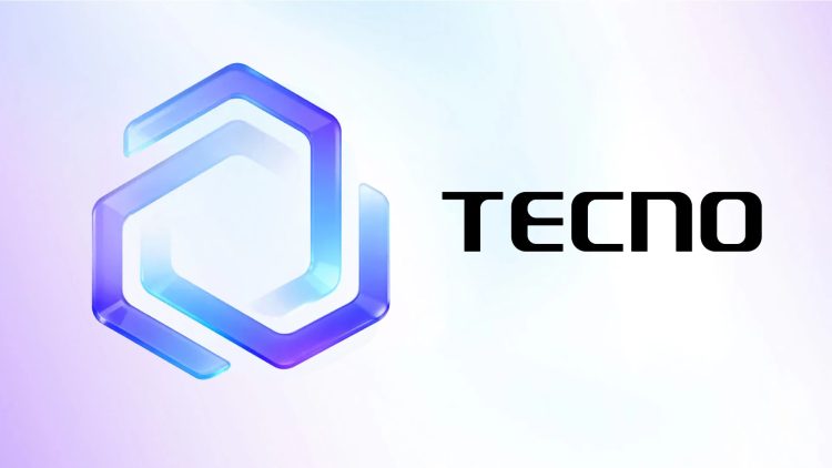 «لوگوی هندسی و کریستالی جدید برند TECNO با رنگ‌های آبی و بنفش در کنار نام برند با فونت مشکی.»