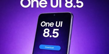 پوستر تبلیغاتی One UI 8.5 روی پس‌زمینه بنفش با تصویر یک گوشی هوشمند.