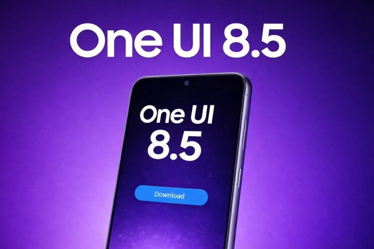 پوستر تبلیغاتی One UI 8.5 روی پس‌زمینه بنفش با تصویر یک گوشی هوشمند.