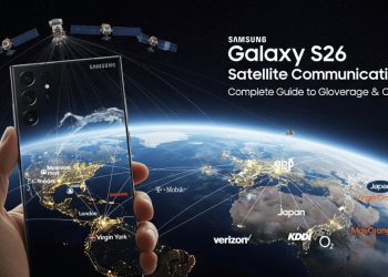 پوستر مفهومی ارتباط ماهواره‌ای Galaxy S26؛ دستی گوشی را مقابل نمای زمین از فضا نگه داشته و مسیرهای ارتباطی روی نقشه نورانی دیده می‌شود؛ چند ماهواره بالای تصویر قرار دارند و تیتر “Galaxy S26 Satellite Communication” همراه با نام برخی اپراتورها نمایش داده شده است