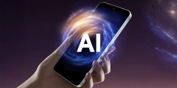 نمای مفهومی از گوشی هوشمند Xiaomi در حال اجرای ویژگی‌های AI در HyperOS، با هاله‌ای گرافیکی شبیه به کهکشان یا گردباد انرژی در نمایشگر دستگاه و تایپوگرافی برجسته «AI» در مرکز تصویر که به توان محاسباتی هوش مصنوعی اشاره دارد.