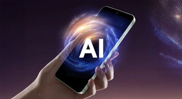 نمای مفهومی از گوشی هوشمند Xiaomi در حال اجرای ویژگی‌های AI در HyperOS، با هاله‌ای گرافیکی شبیه به کهکشان یا گردباد انرژی در نمایشگر دستگاه و تایپوگرافی برجسته «AI» در مرکز تصویر که به توان محاسباتی هوش مصنوعی اشاره دارد.