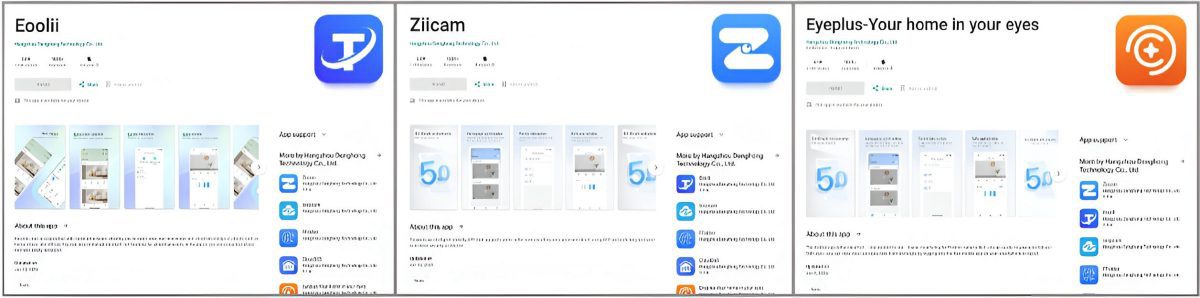 مقایسه سه اپلیکیشن مشکوک اندرویدی (Eoolii، Ziicam، Eyeplus) با جزئیات استور گوگل پلی؛ نمایش اپلیکیشن‌های مخرب (Malicious Apps) و ریسک‌های امنیتی نصب نرم‌افزار از منابع ناشناس