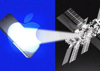 تصویر مفهومی از ارتباط ماهواره‌ای اپل که در آن یک آیفون سیگنال نوری را به یک ماهواره در فضا ارسال می‌کند