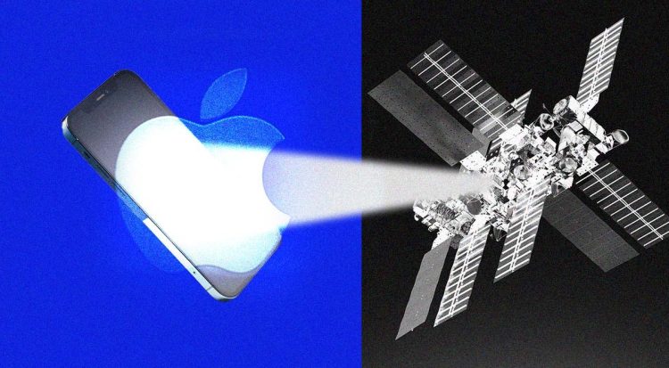 تصویر مفهومی از ارتباط ماهواره‌ای اپل که در آن یک آیفون سیگنال نوری را به یک ماهواره در فضا ارسال می‌کند