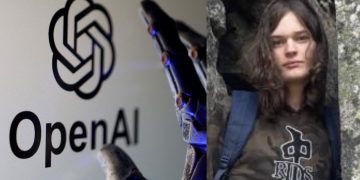 تصویر ترکیبی شامل لوگوی OpenAI در پس‌زمینه روشن و یک دست رباتیک فلزی در حال اشاره به آن؛ در بخش دیگر تصویر، فردی با لباس تیره و کوله‌پشتی در محیطی سنگی و طبیعی ایستاده که حس تقابل فناوری پیشرفته و دنیای واقعی را منتقل می‌کند