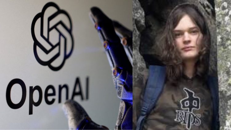 تصویر ترکیبی شامل لوگوی OpenAI در پس‌زمینه روشن و یک دست رباتیک فلزی در حال اشاره به آن؛ در بخش دیگر تصویر، فردی با لباس تیره و کوله‌پشتی در محیطی سنگی و طبیعی ایستاده که حس تقابل فناوری پیشرفته و دنیای واقعی را منتقل می‌کند