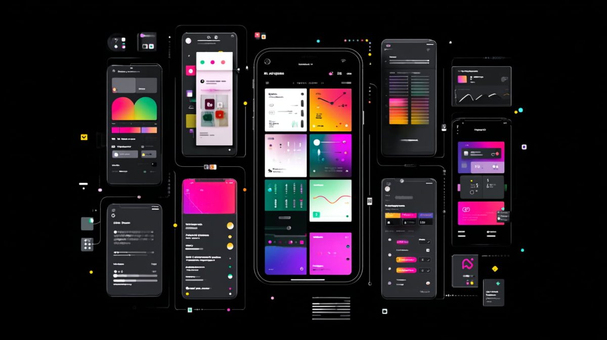 کلاژی از چندین گوشی هوشمند با رابط‌های رنگی و تیره نمایش‌دهنده طراحی‌های رابط کاربری در Figma شامل نمودارها، کارت‌ها و ماژول‌های تعاملی