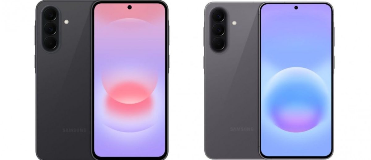 رندر رسمی از گوشی Samsung Galaxy با نمایش نمای جلو و پشت دستگاه؛ بدنه خاکستری تیره با ماژول دوربین عمودی سه‌گانه در پشت، نمایشگر تخت با حفره دوربین سلفی مرکزی و تصویر زمینه گرادیانی صورتی–بنفش.