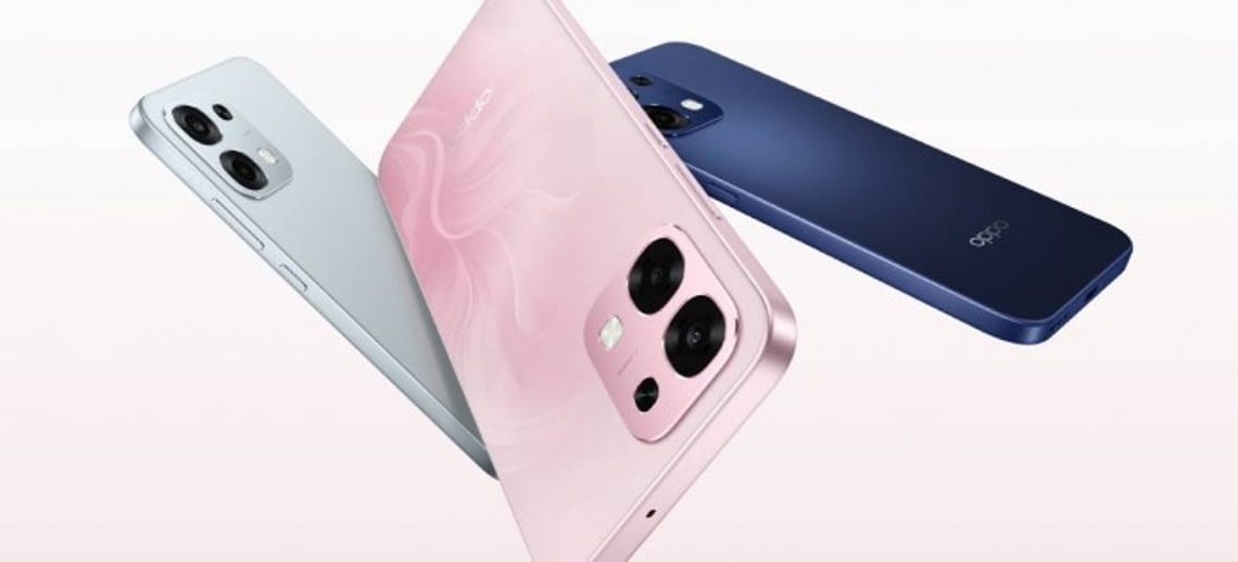 طراحی پنل پشتی گوشیهای جدید سری A اوپو (Oppo A Series) در سه رنگ آبی روشن، صورتی با طرح گلبرگ و سرمهای؛ نمایش چیدمان ماژول دوربین سهگانه