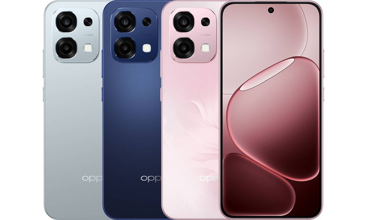 نمای روبرو و پشت گوشی Oppo سری A؛ نمایش نمایشگر بدون حاشیه با حفره دوربین سلفی و رنگ‌بندی نقره‌ای، سرمه‌ای و صورتی فانتزی