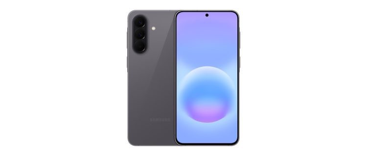 نمای کامل از گوشی Samsung Galaxy در رنگ خاکستری تیره، شامل پشت دستگاه با ماژول دوربین عمودی سه‌گانه و نمای جلو با نمایشگر تخت، حاشیه‌های باریک و حفره دوربین سلفی در مرکز بالا.