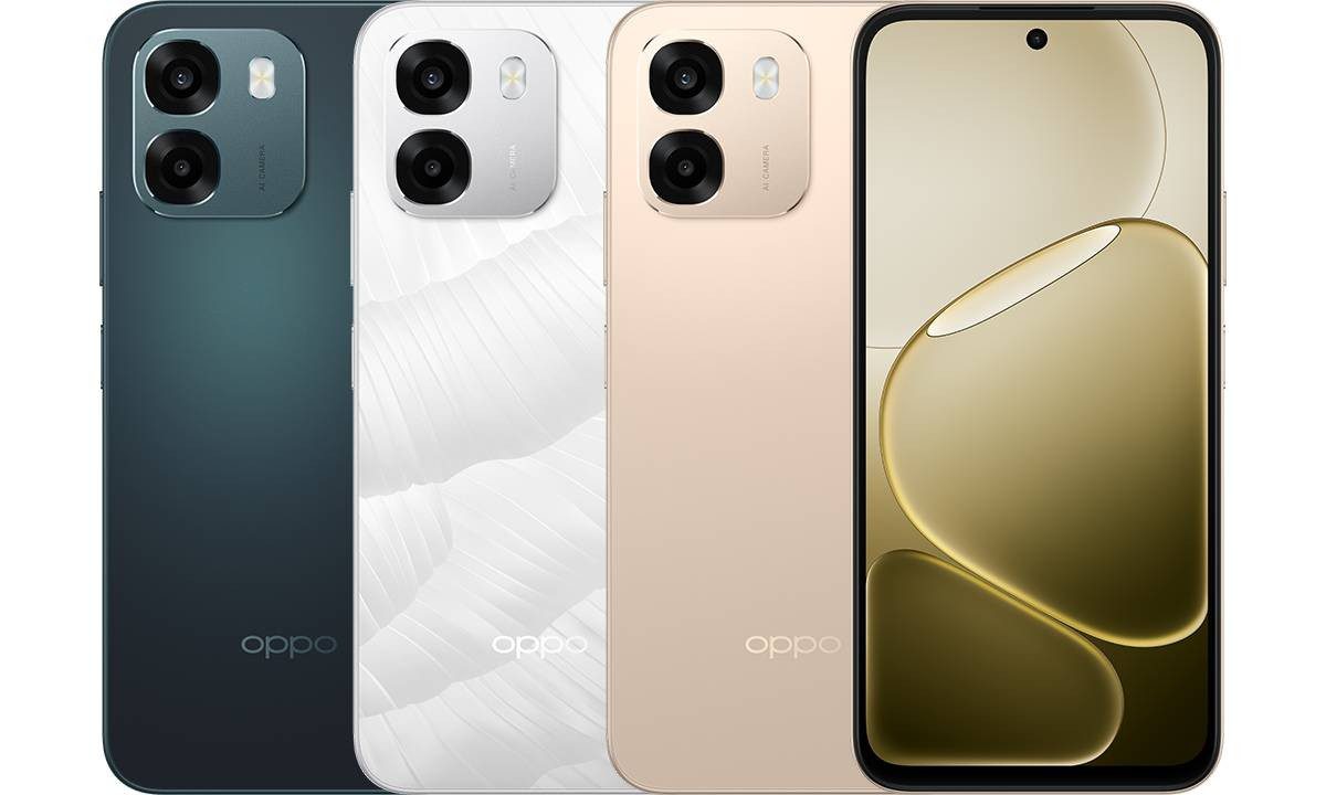 نسخه جدید گوشی اقتصادی Oppo با ماژول دوربین دوتایی بزرگ؛ نمایش رنگ‌های سبز تیره (Teal)، سفید با بافت پر و طلایی لوکس