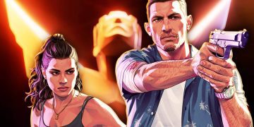 تصویر هنری و سینمایی با سبک گرافیکی بازی‌های Grand Theft Auto که یک صحنه پرتنش اکشن را نمایش می‌دهد؛ دو شخصیت مسلح در پیش‌زمینه قرار دارند و در پس‌زمینه، نورپردازی دراماتیک با حال‌وهوای جنایی دیده می‌شود که به فضای داستانی و اکشن GTA VI اشاره دارد.