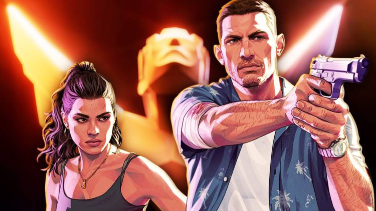 تصویر هنری و سینمایی با سبک گرافیکی بازی‌های Grand Theft Auto که یک صحنه پرتنش اکشن را نمایش می‌دهد؛ دو شخصیت مسلح در پیش‌زمینه قرار دارند و در پس‌زمینه، نورپردازی دراماتیک با حال‌وهوای جنایی دیده می‌شود که به فضای داستانی و اکشن GTA VI اشاره دارد.