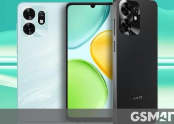 نمای جلو و پشت گوشی Honor X6d در دو رنگ آبی روشن و مشکی.