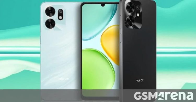 نمای جلو و پشت گوشی Honor X6d در دو رنگ آبی روشن و مشکی.