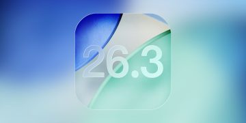 تصویر گرافیکی از آیکن مفهومی iOS 26.3 با طراحی شفاف و لایه‌ای، شامل ترکیب رنگ‌های آبی، سبز و سفید روی پس‌زمینه گرادیانی نرم؛ عدد 26.3 در مرکز آیکن دیده می‌شود و تصویر حس به‌روزرسانی نرم‌افزاری، طراحی مینیمال و تمرکز اپل بر رابط کاربری مدرن را القا می‌کند.