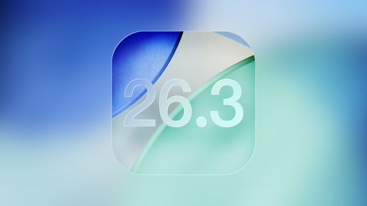 تصویر گرافیکی از آیکن مفهومی iOS 26.3 با طراحی شفاف و لایه‌ای، شامل ترکیب رنگ‌های آبی، سبز و سفید روی پس‌زمینه گرادیانی نرم؛ عدد 26.3 در مرکز آیکن دیده می‌شود و تصویر حس به‌روزرسانی نرم‌افزاری، طراحی مینیمال و تمرکز اپل بر رابط کاربری مدرن را القا می‌کند.