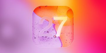 رندر مفهومی از آیکن iOS 27 با طراحی شیشه‌ای و گوشه‌های گرد، عدد «27» در مرکز و پس‌زمینه گرادیانی با طیف رنگ‌های بنفش، صورتی و نارنجی که به زبان طراحی نسل بعدی سیستم‌عامل آیفون اشاره دارد.