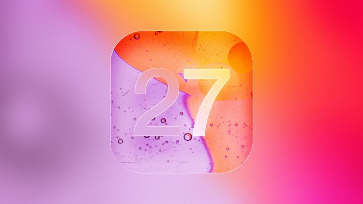 رندر مفهومی از آیکن iOS 27 با طراحی شیشه‌ای و گوشه‌های گرد، عدد «27» در مرکز و پس‌زمینه گرادیانی با طیف رنگ‌های بنفش، صورتی و نارنجی که به زبان طراحی نسل بعدی سیستم‌عامل آیفون اشاره دارد.