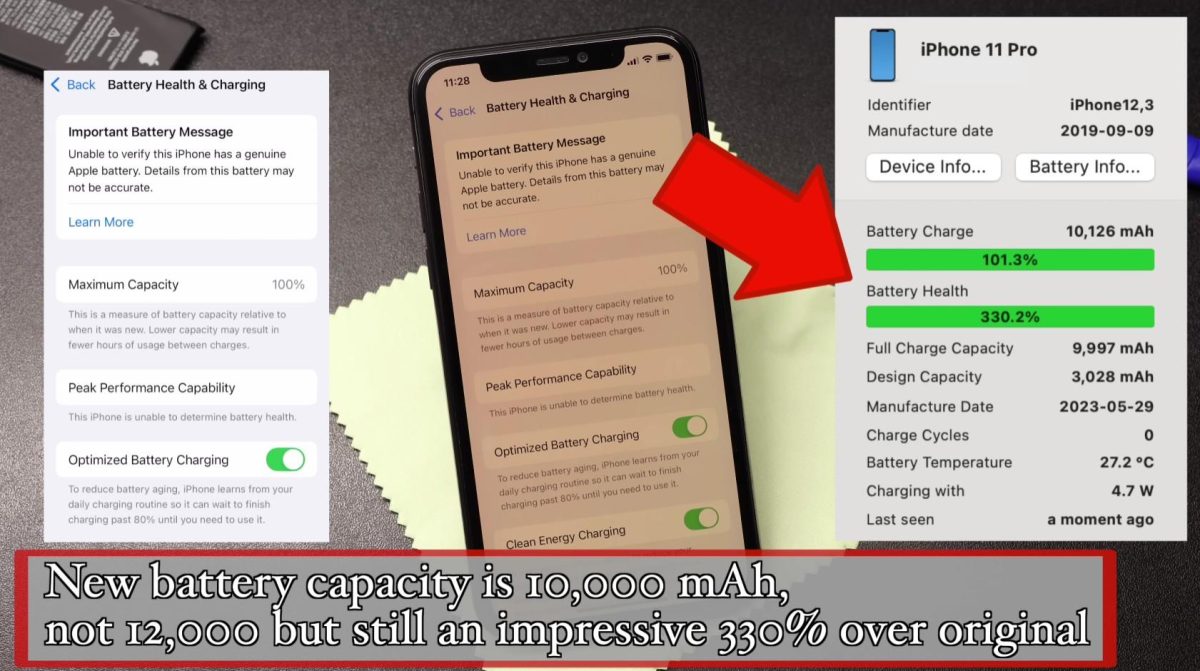 اسکرین‌شات از تنظیمات باتری آیفون که ظرفیت جدید ۱۰,۰۰۰ میلی‌آمپر ساعتی و سلامت باتری ۳۳۰ درصدی را نشان می‌دهد.